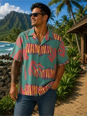 Men's Green Tropical Short-Sleeve Button-Up Shirt - Tutuvi